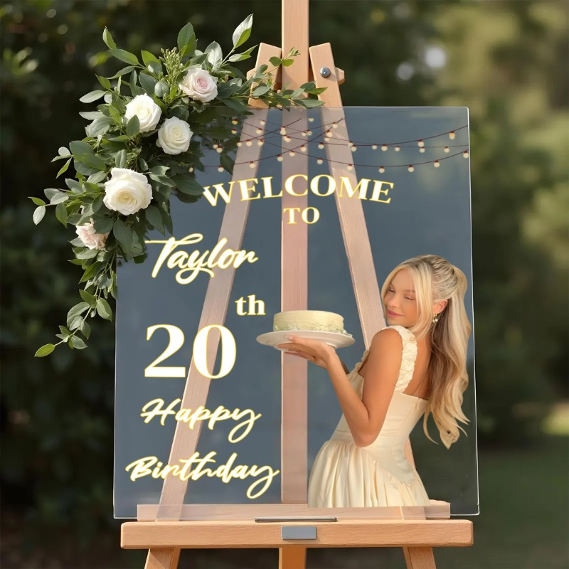 2d flat, 1pc personalized 50th birthday welcome sign - elegant golden lettering & numbered age display with photo/text/name/number - heavy-duty acrylic freestanding board with sturdy legs - 2-in-1 birthday party decorations & milestone celebration display - glossy   for 50 years old party decorations - custom birthday banner for 50th birthday party - multi-use & easy setup - elegant use 0