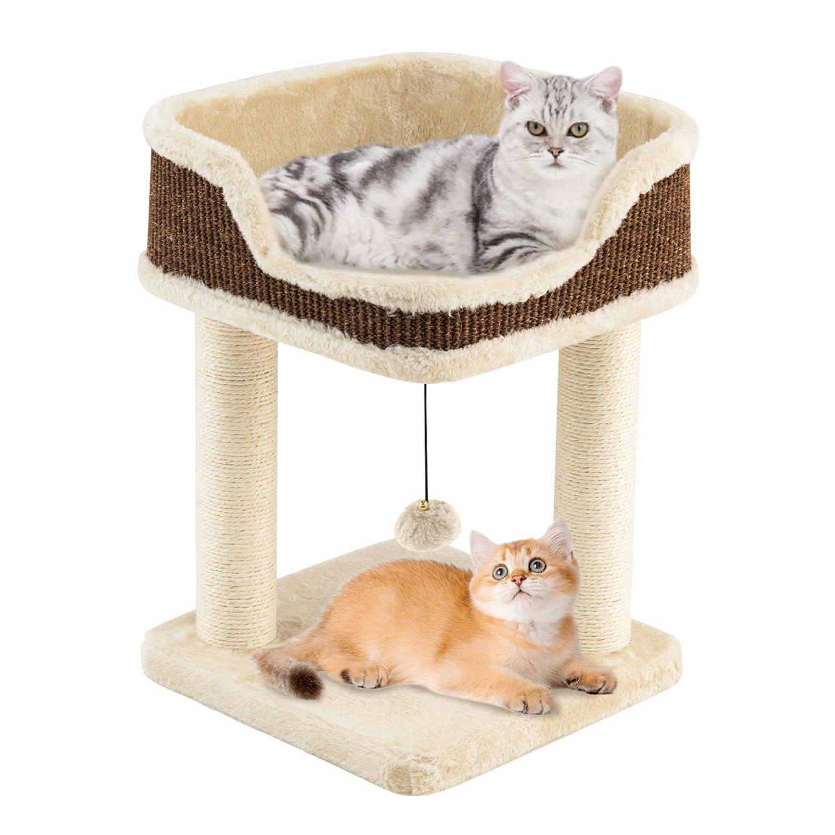Image of Two-level Cat Stand, Compact Cat Furniture With Resting Spot, 2 Sisal Scratch Poles, Hanging Ball , Indoor For Kittens