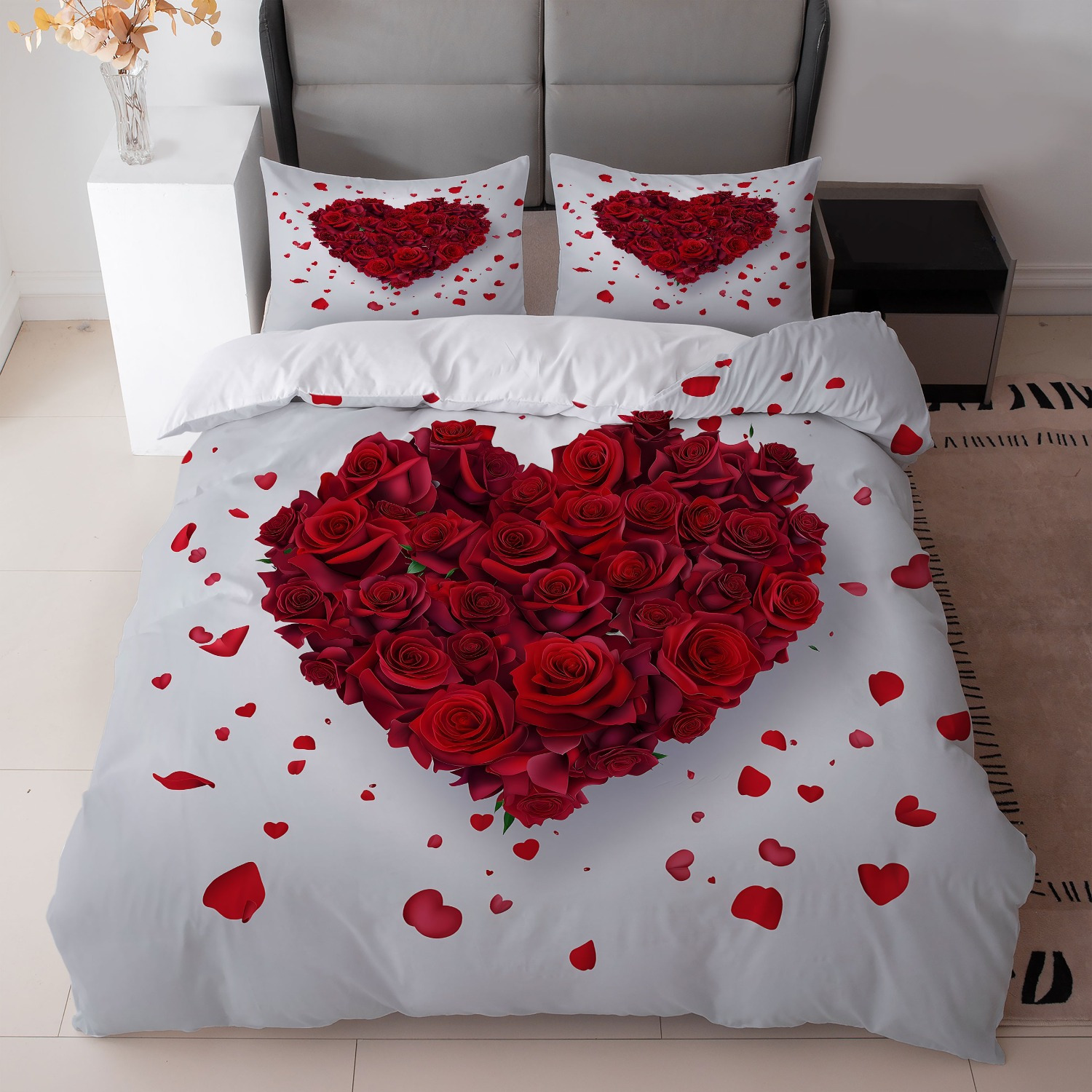 TEMU 3pcs Romantic Red Print Bedding Set (1duvet Cover + 2pillowcase, Without Core) - Valentine's Day Or Romantic Bedroom Decor
