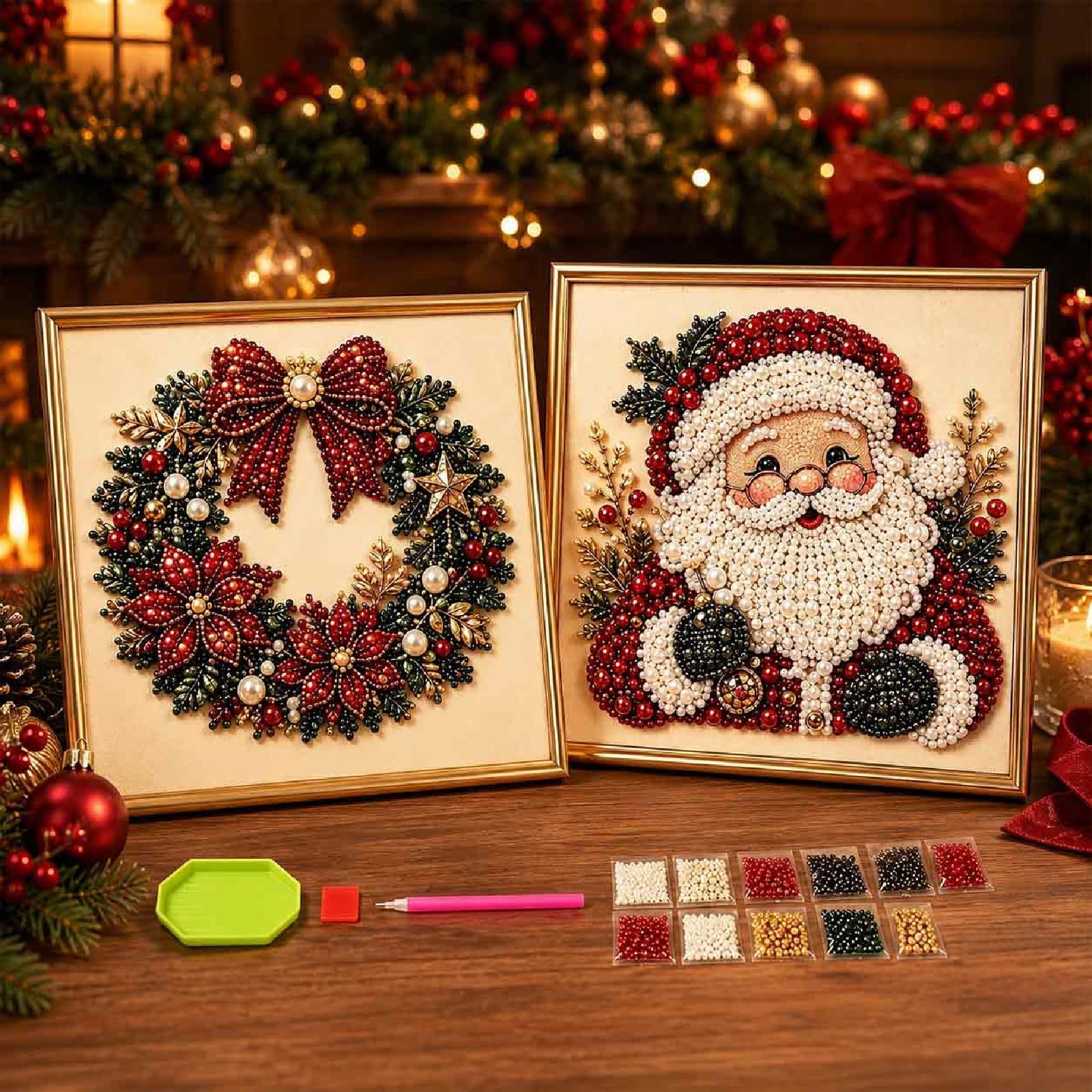 TEMU Adult Christmas Pearls Diamond Painting Kit (with Frame) - Santa Claus 3d Pearl Beads, Irregular Shape Diamonds, Beginner-friendly Handicrafts,