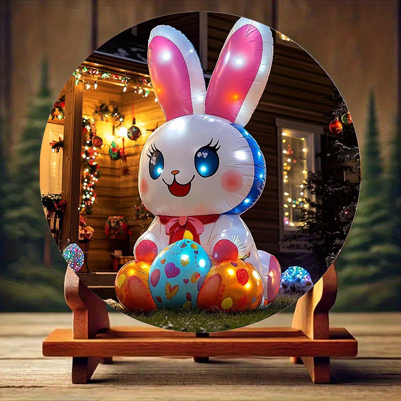 

An Easter Themed Airbrushed Inflatable Rabbit Sits On An Easter Egg