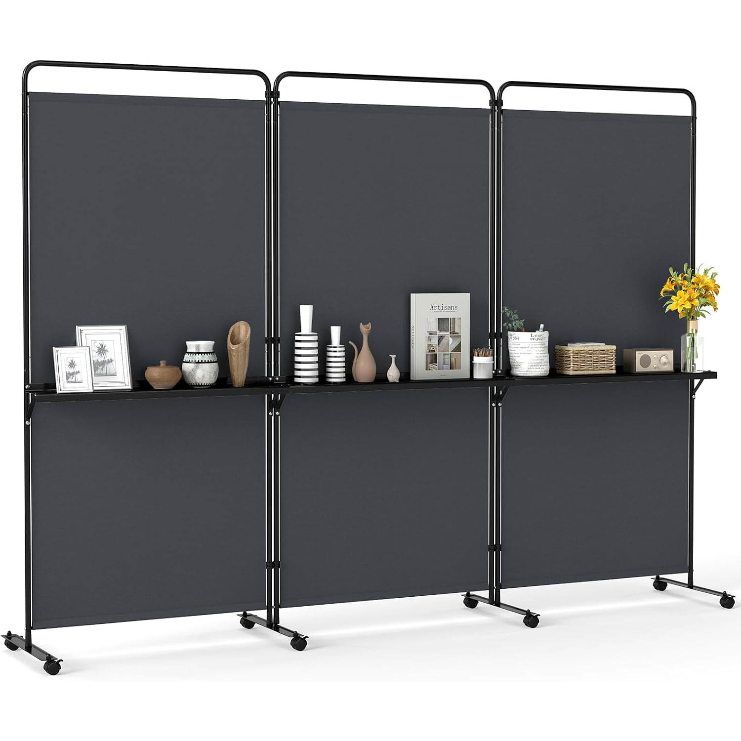 Image of 3-panel Room Divider With Shelves, 6ft Tall Folding Privacy Screen, Portable Wall Separator With Lockable Wheels, For Home Office, Study, Grey