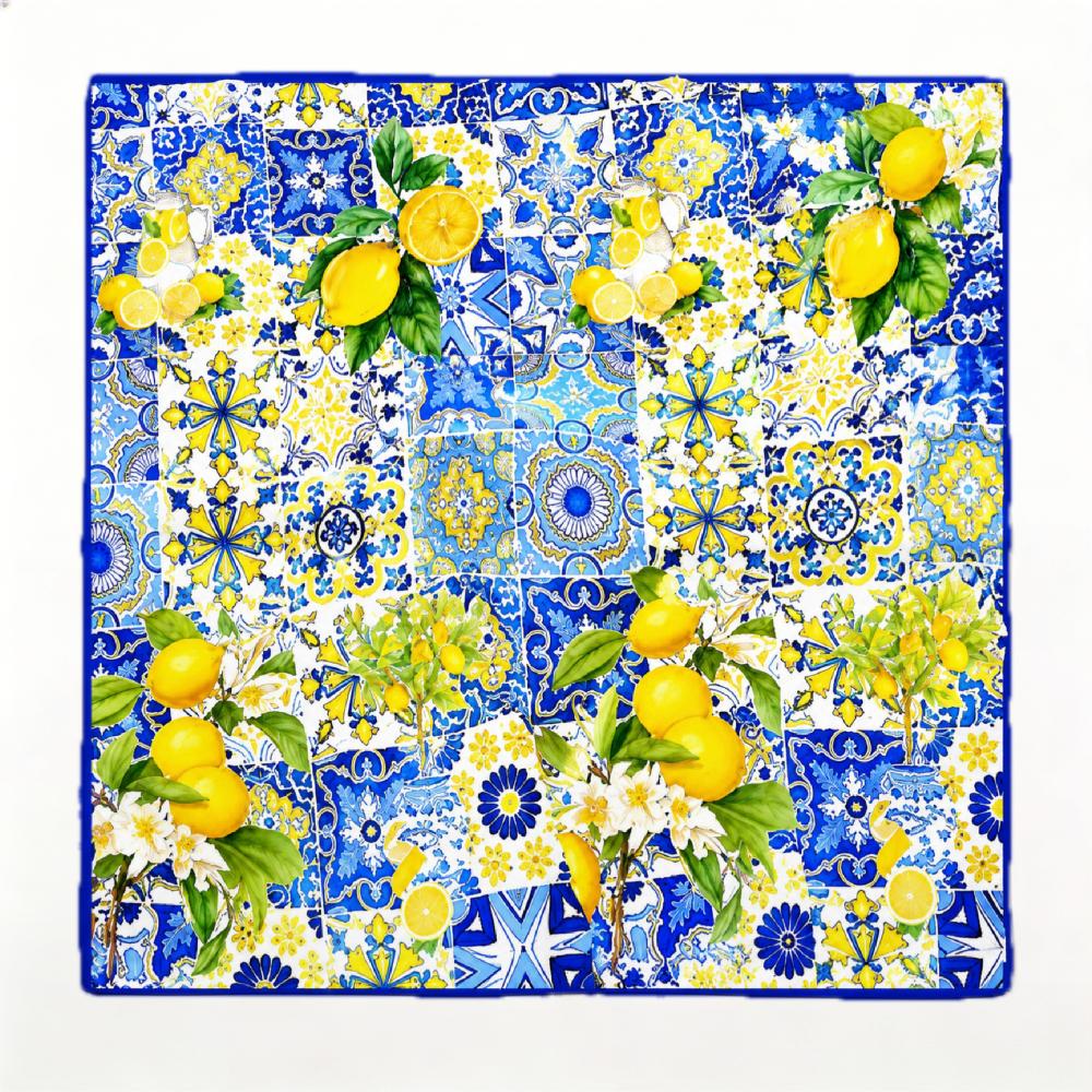 TEMU 1pc Lemon Floral Blue And White Geometric Print Pattern Square Scarf. Core Function: Multi-functional And Decoration. Suitable For Daily