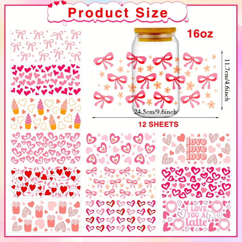 TEMU 12 Pink Romantic Valentines Uv Dtf Cup Covers For 16oz Glass Water Bottles, Fridges, Notebooks, Mugs, And More Pink Heart Uv Dtf Transfer