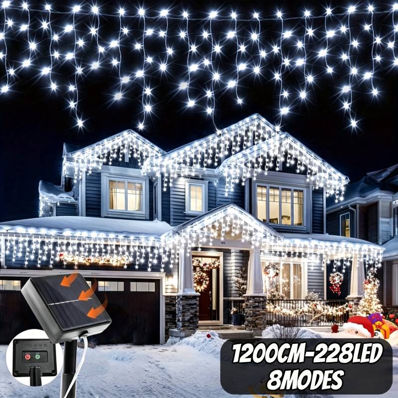 TEMU 96/162/228-led Solar Icicle Fairy String Lights, Outdoor Light Strip With 8 Lighting , Hanging Christmas Decorative Lights, Ip44 Protection