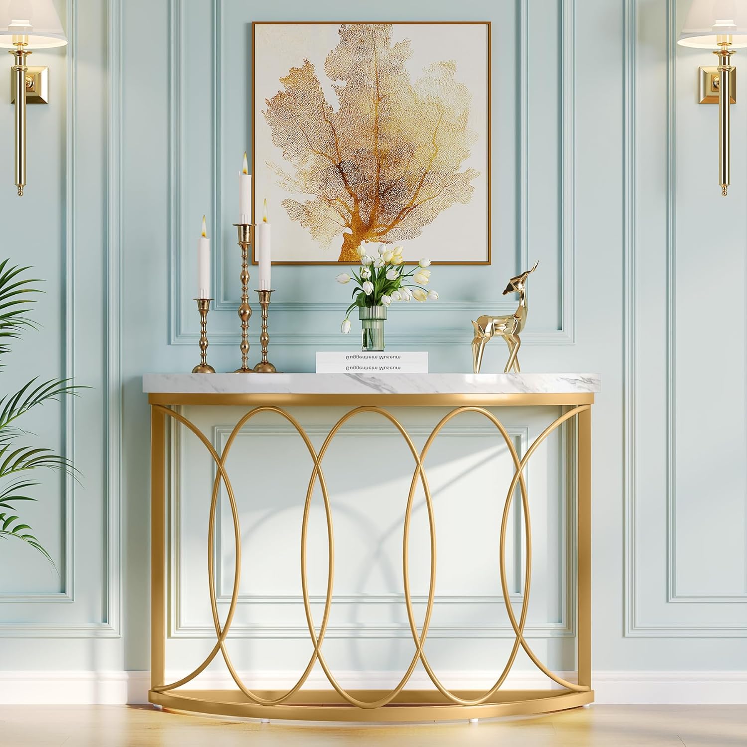 Image of Half Moon Golden Console Table, 43 Inch Modern Marble Entryway Table, Narrow Semi Circle Sofa Accent Table With Geometric Metal Frame For Living Room, Hallway, White And Golden