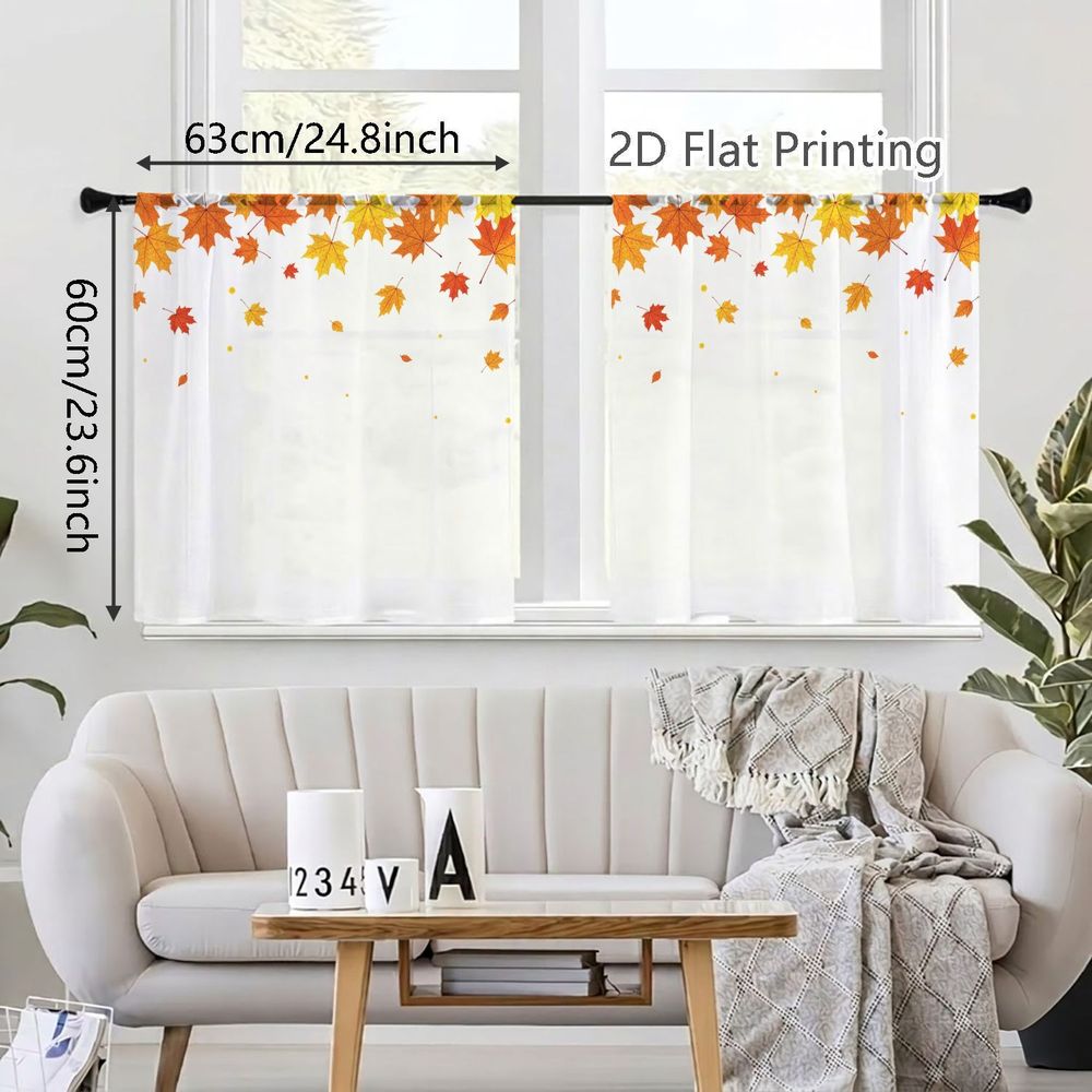 TEMU 2d Flat - 2d Flat, 2pcs Small Semi-transparent Sheer Curtains, Elegant Autumn Border Print Decorative Drapes In Modern Minimalist Style, For
