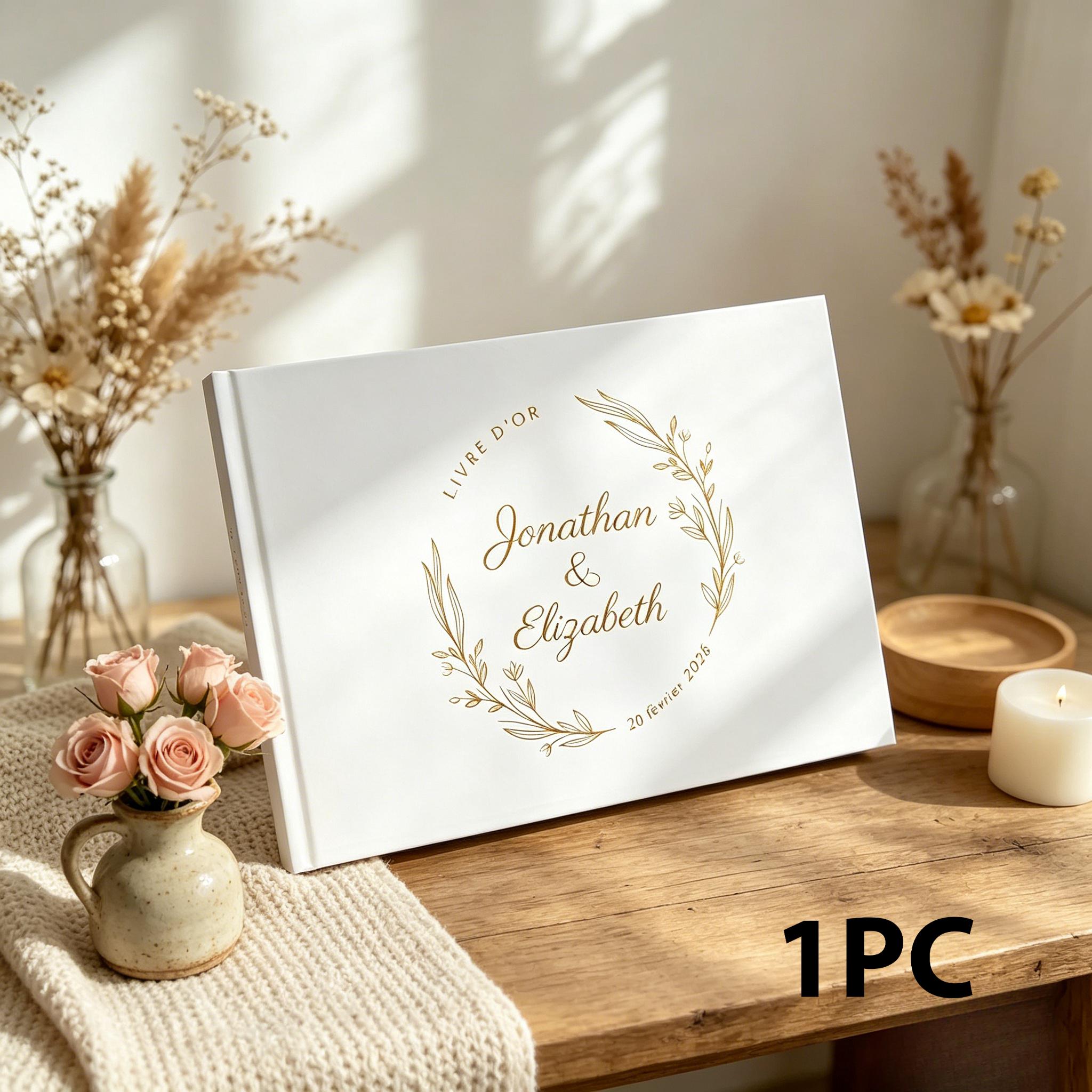 TEMU 1 'or/Livre à souvenirs personnalisé, Blanc avec lettrage doré, Disponible en plusieurs styles personnalisables. Nom, photo et date peuvent