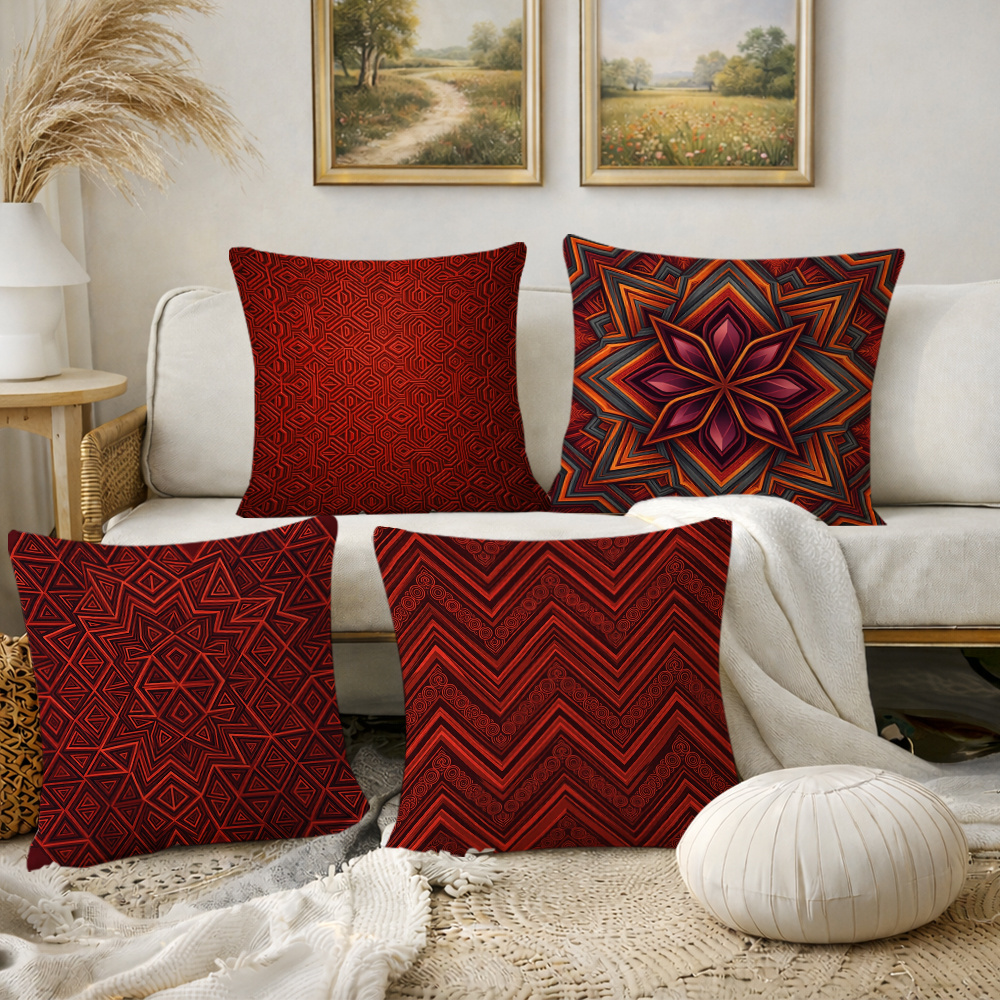 TEMU 4pcs Throw Pillow Covers, Decorative Cushion Cases, Bohemian Geometric With Intricate Details, Rich Red Tone. Versatile For Living Room, Couch,