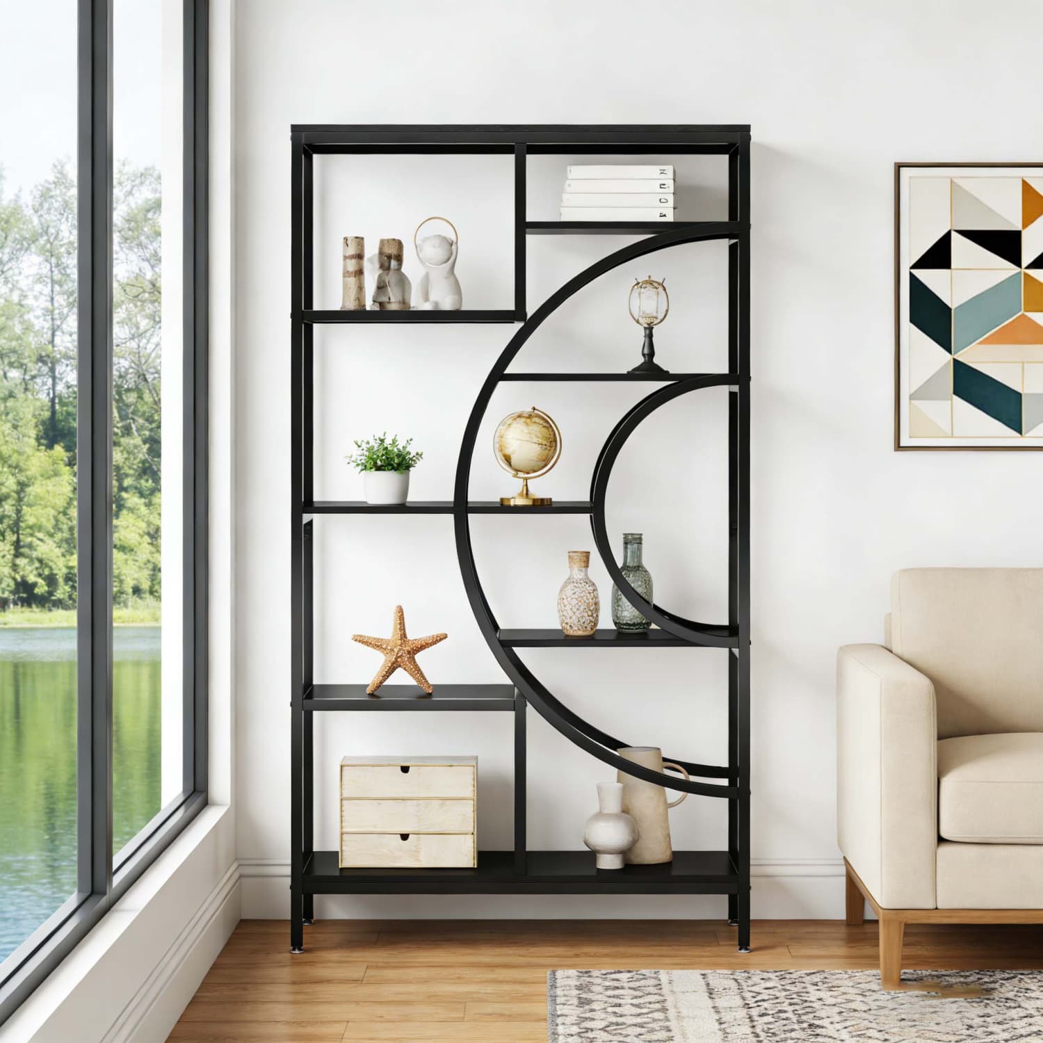 Image of Geometric Bookshelf, Industrial 8 Tier Etagere Bookcase, Rustic Display And Storage Shelf, Freestanding 9 Open Compartments Organizer, Home Office And Living Room Use (black)