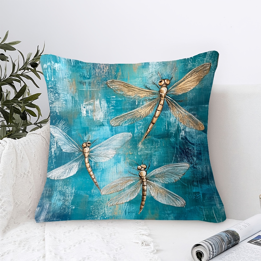 TEMU 1pc Pillowcase Featuring A Vibrant Dragonfly Design On A Teal Background, Made Of Soft And Smooth Polyester Short-pile Fabric With Single-sided