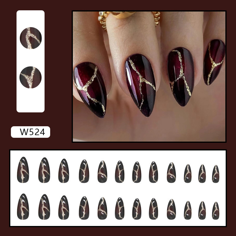 TEMU 24pcs Of Long Almond-shaped Press-on Nails In Dark Red With Golden Glitter And Stone Texture