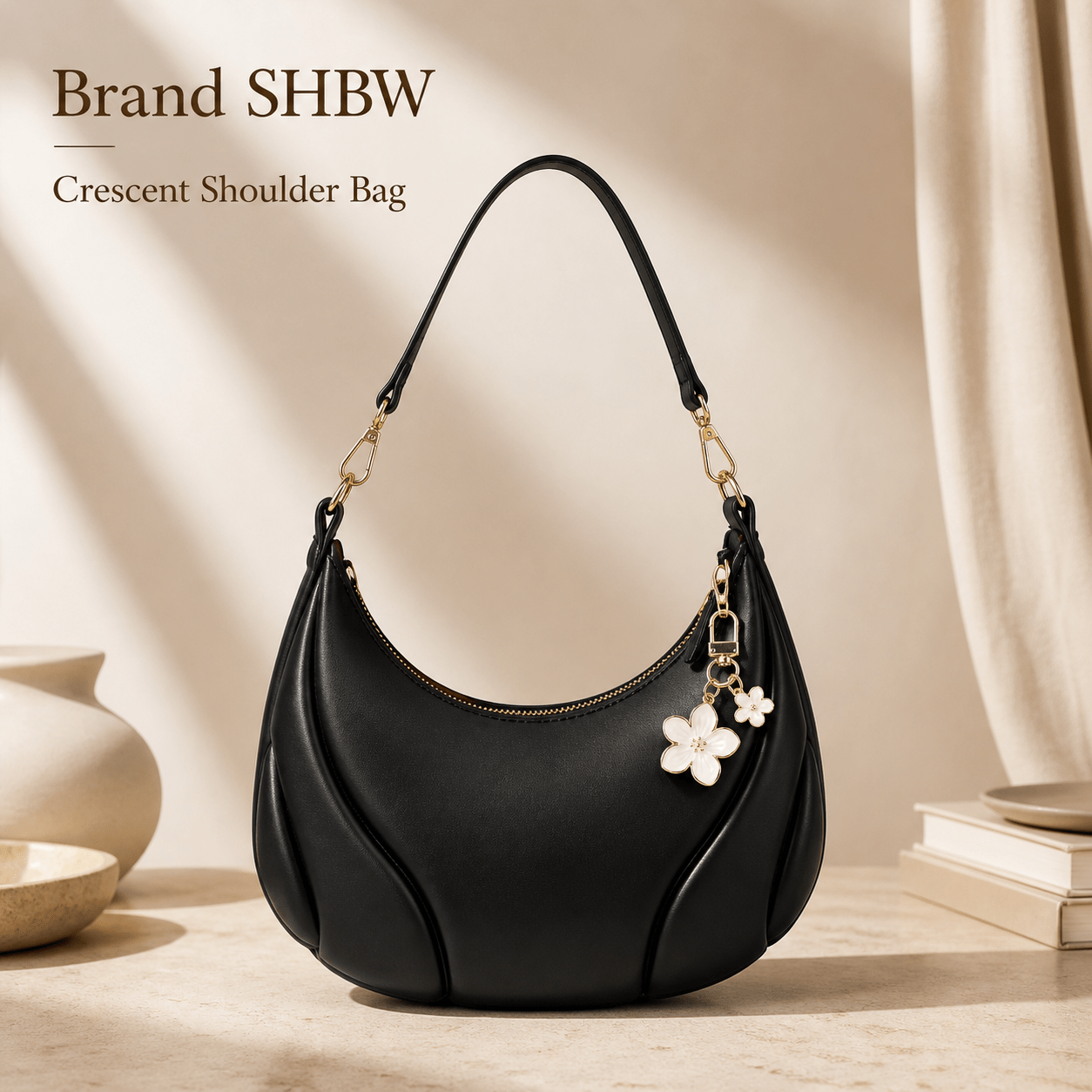 TEMU Brand Shbw Black Crescent Shoulder Bag With White Flower Charm, Gold-tone Hardware, Zipper Closure And Red Fabric Lining, Compact Hobo Purse For