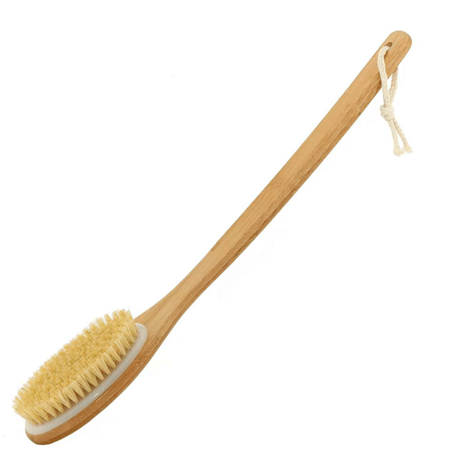 1pc bamboo long handle bath brush, the handle is curved, easy to reach the back, waist and other hard-to-clean parts, wet or dry, remove body dead light beige and   dirt. no power supply required, back scrub brush | bath body brush Product details 2
