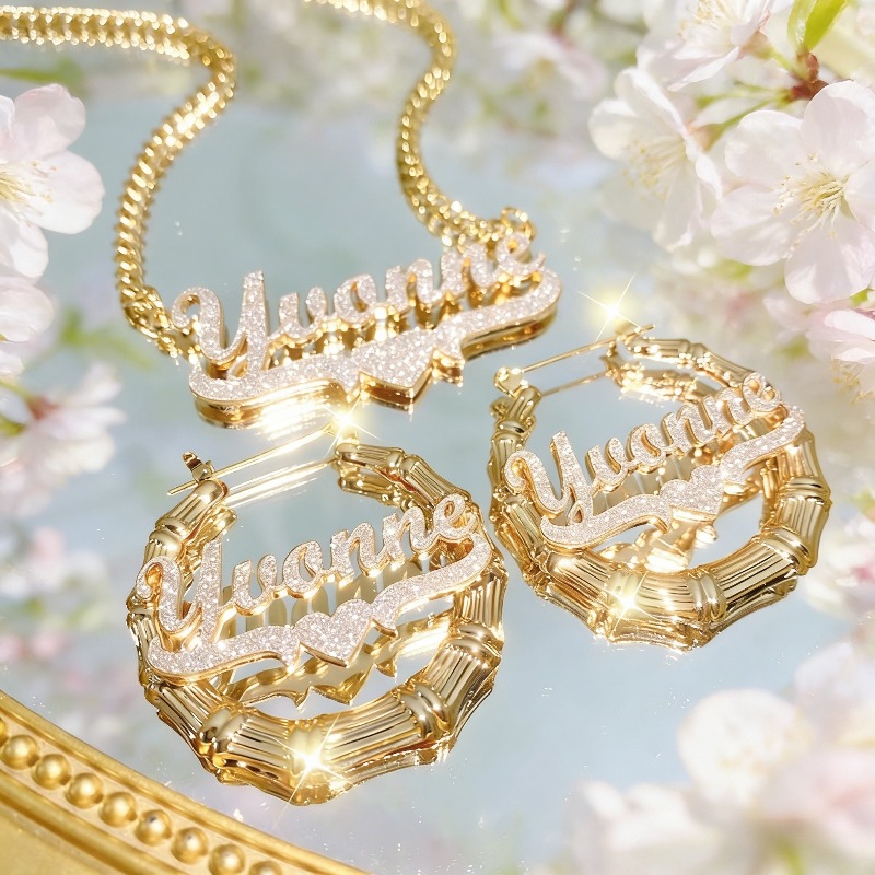 TEMU Custom Name Bamboo Hoop Earrings Set Cursive Name With Sparkling Plated Stainless Steel Trendy Hip Hop Set Ideal Gift For Her Bridesmaids