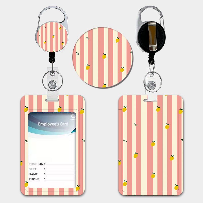 TEMU Ensemble porte-cartes d'identité créatif à imprimé citron rayé avec lanière rétractable à languette et porte-clés, porte-cartes en plastique