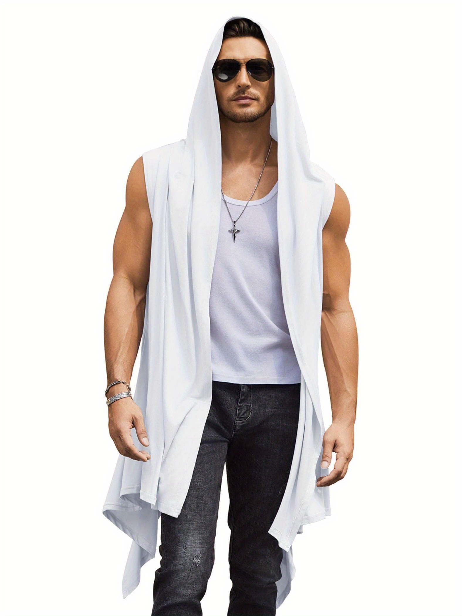 Cardigan à capuche long pour hommes manches, avec et col châle et  ouvert sur le devant, kimono vest