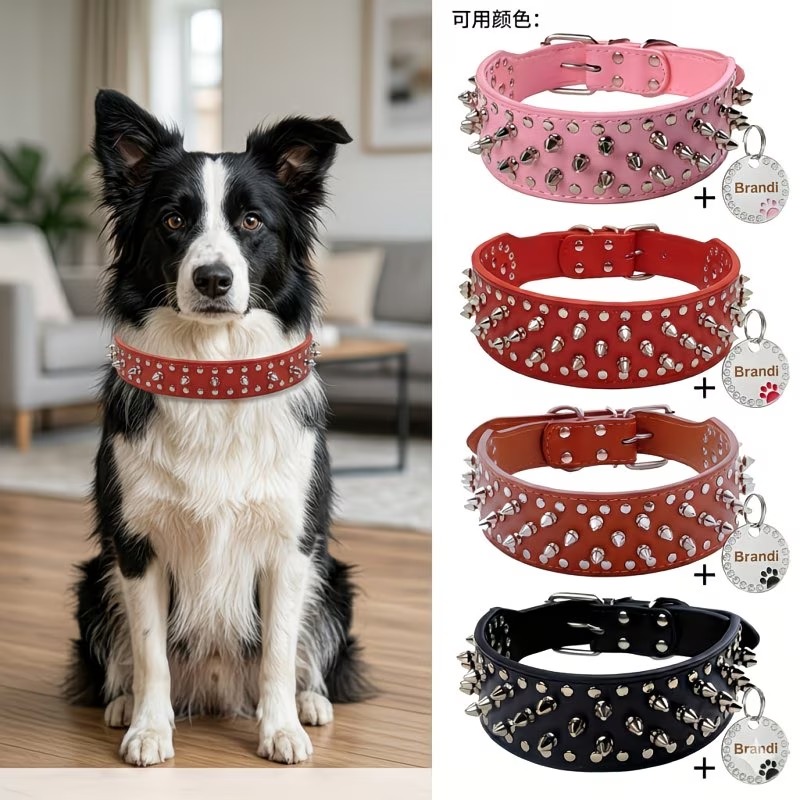 trendy punk style rivet anti bite pet collar scratch and wear resistant dog neck ring   with customizable engraved anti lost name tag accessory Product details 1