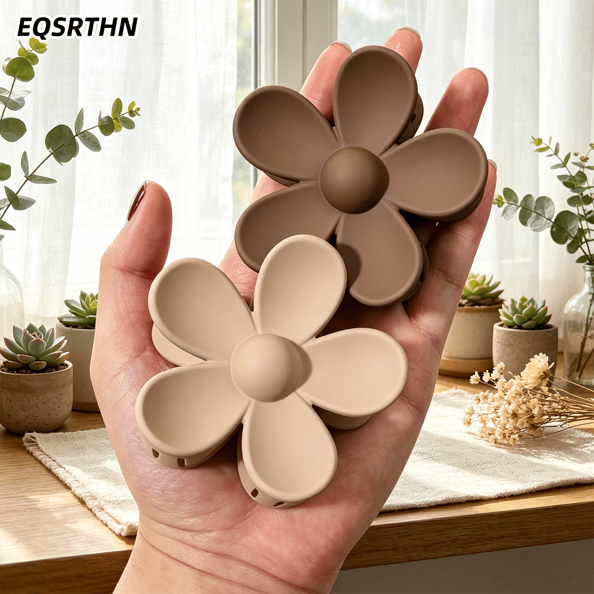 TEMU Lot de 2 grandes pinces à cheveux mattes de fleur pour femmes aux cheveux épais, barrette mignonne florale antidérapante à tenue forte,