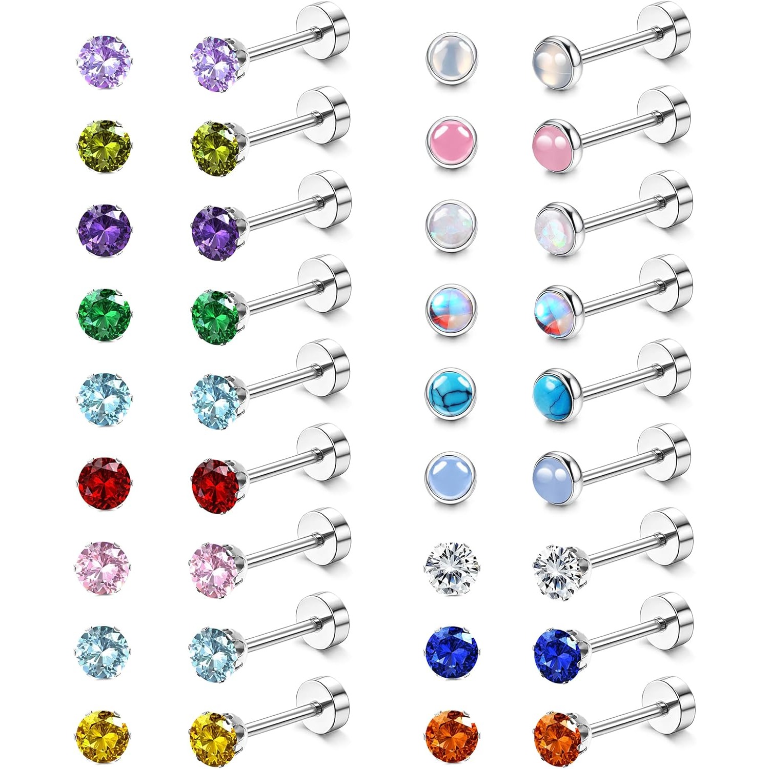 Image of 2d Flat, 18pairs Flat Back Earrings Hypoallergenic Stainless Surgical Steel Screw Back Stud Earrings For Women Men 20g Tiny Cz Birthstone Nap Cartilage Flatback Earrings Set