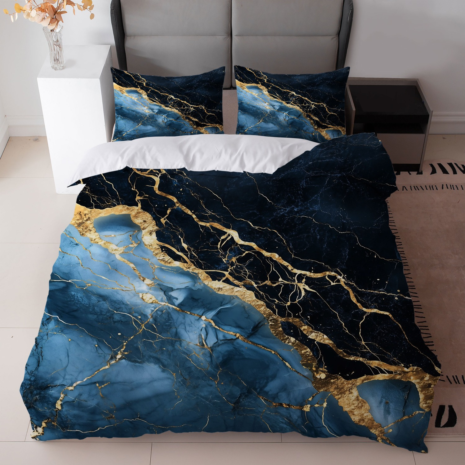 TEMU 3pcs Luxurious Bedding In Navy Blue And Design (includes 1 Duvet Cover And 2 Pillowcases, Core Not Included) - Ideal For Contemporary Bedroom
