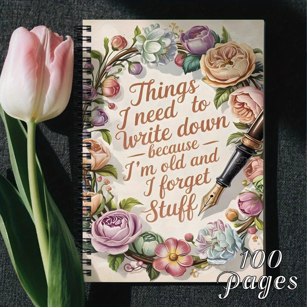TEMU 1pc Floral Spiral Notebook - A Funny Journal For Writing Down Things I Due To Age, Featuring An With A Vintage Pen And A Colorful Flower Border