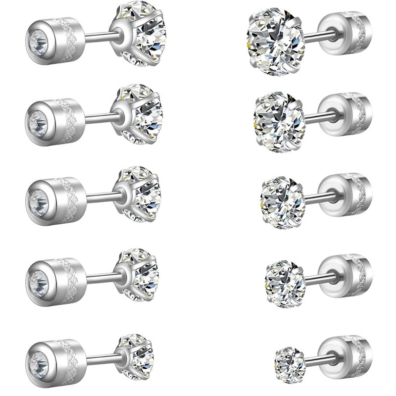 TEMU 5pairs Sets 304 304 Stainless Steel Cubic Synthetic Zircon​ Screw Back Stud Earrings For Women Men Multipack Small Dainty Simulated Cz Studs