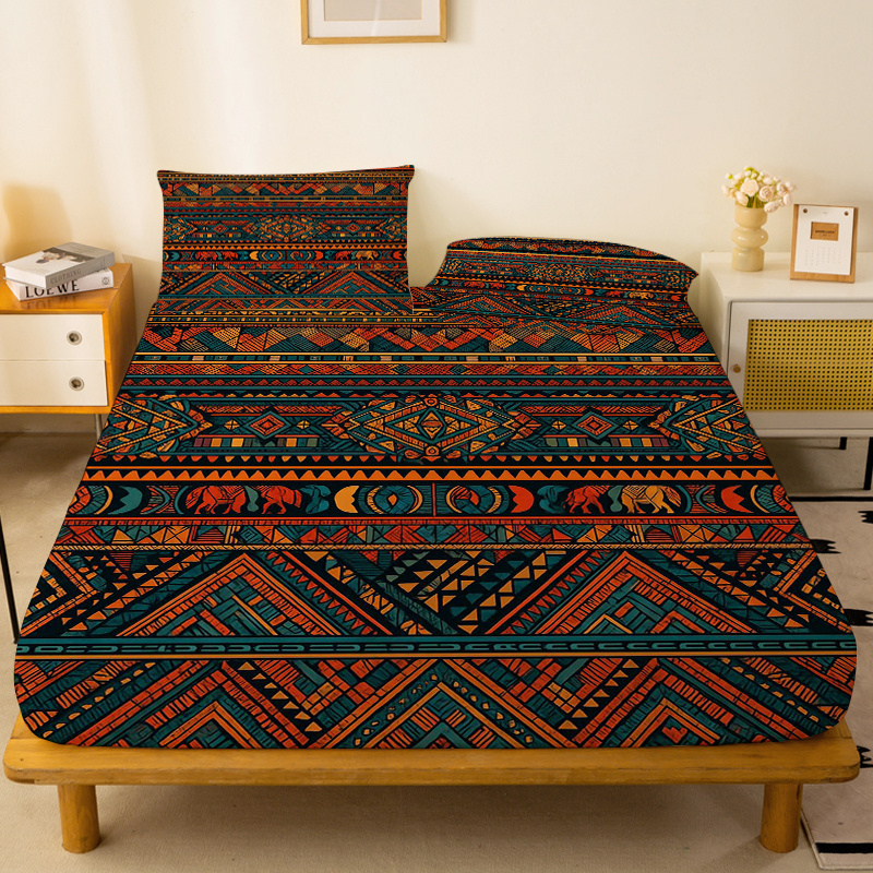 TEMU 1pc African Tribal Style Abstract Geometric Pattern Fitted Sheet, Single Deep Pocket Fitted Sheet Only, No Pillowcases, Washed Soft Fabric,