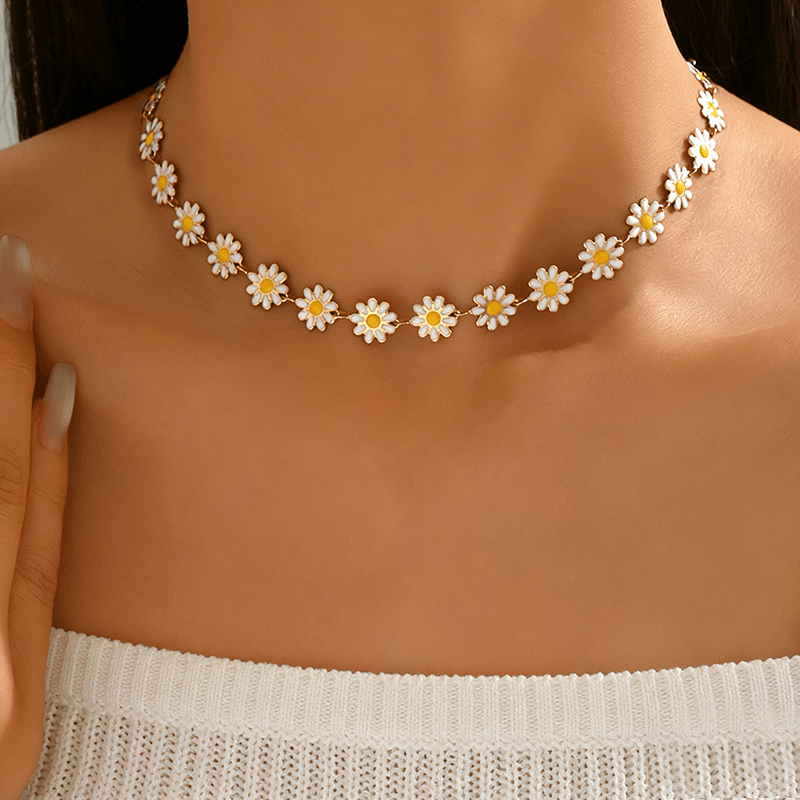 TEMU 1 pièce Collier chaîne créatif d'été avec chaîne de marguerites dorées, et collier ras du cou élégant avec fleurs dorées et blanches, Collier