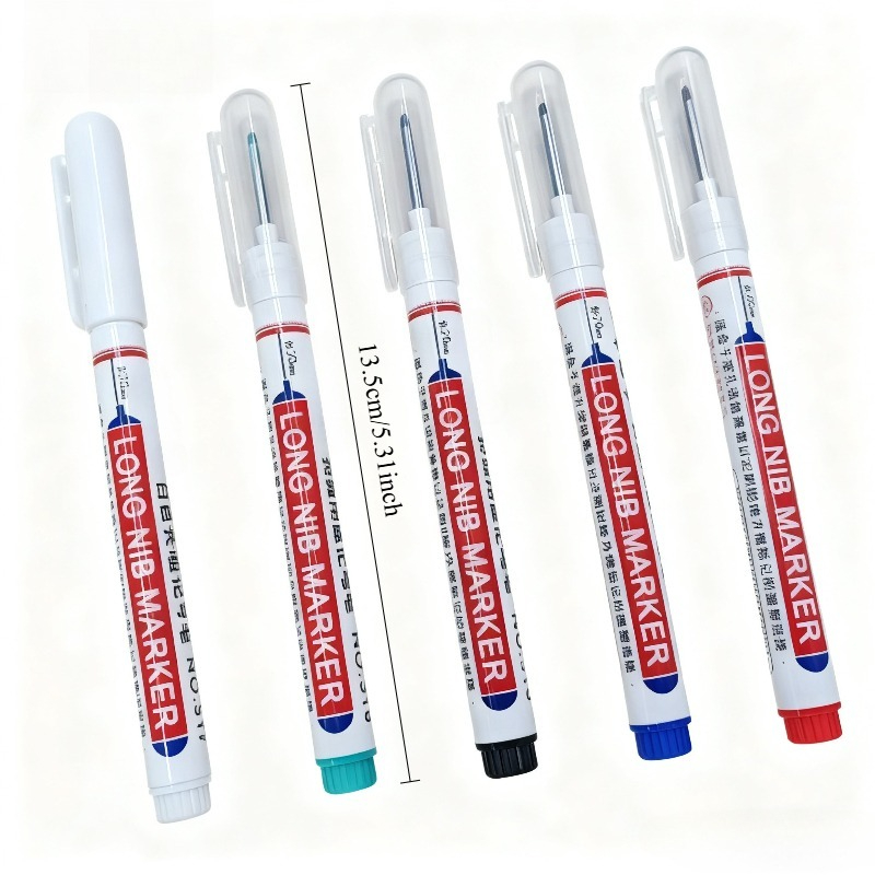 TEMU 24pcs Heavy-duty Long Black, Blue, Red, White, Green Nib Markers - Quick-drying Oil-based Carpenter Pens With Medium Tip, For Deep Holes,