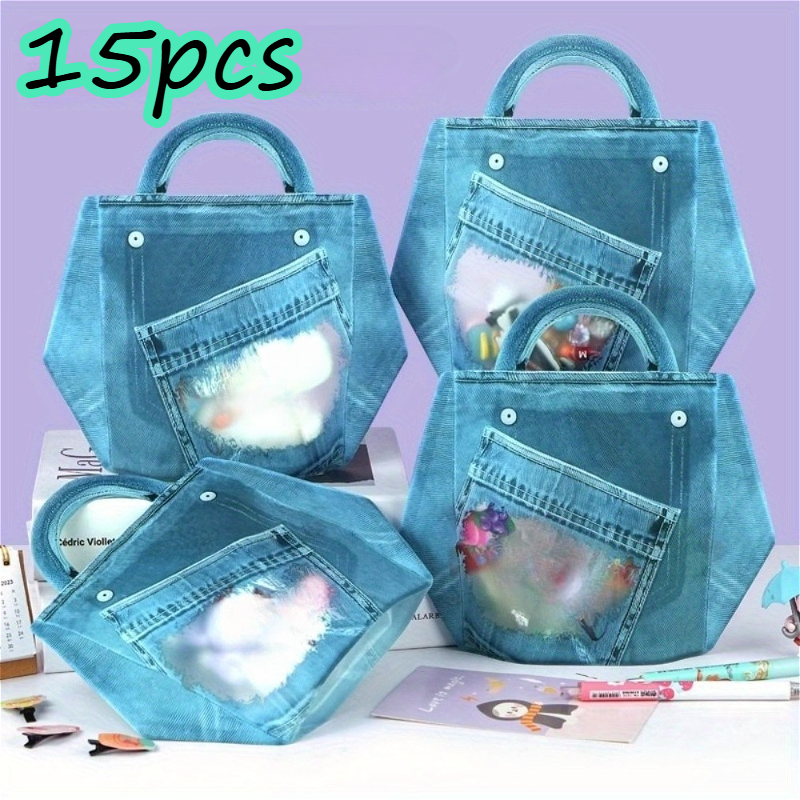 E-shop 15 Stück Denim-Stil Geschenktaschen mit Griffen, Wiederverwendbare Aufbewahrungstaschen mit Reißverschluss, Ideal für Familientreffen,