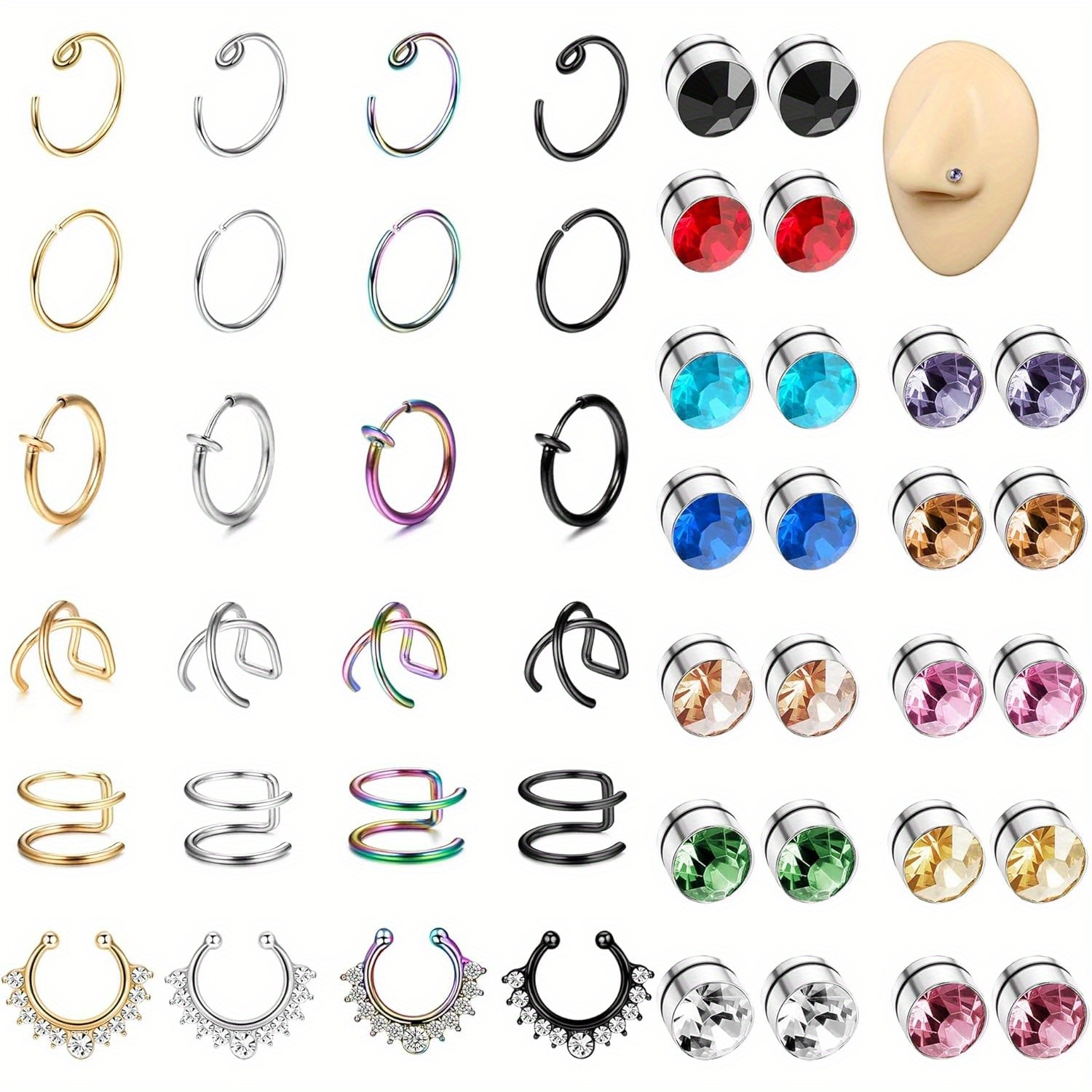 Image of 46pcs Fake Nose Ring - Stainless Steel Fake Nose Rings For Women Small Faux Septum Nose Ring Stud Cz Lip Ring Stud Nose Cuff Cartilage Earring Small Non Piercing Nose Ring Faux Piercing Jewelry