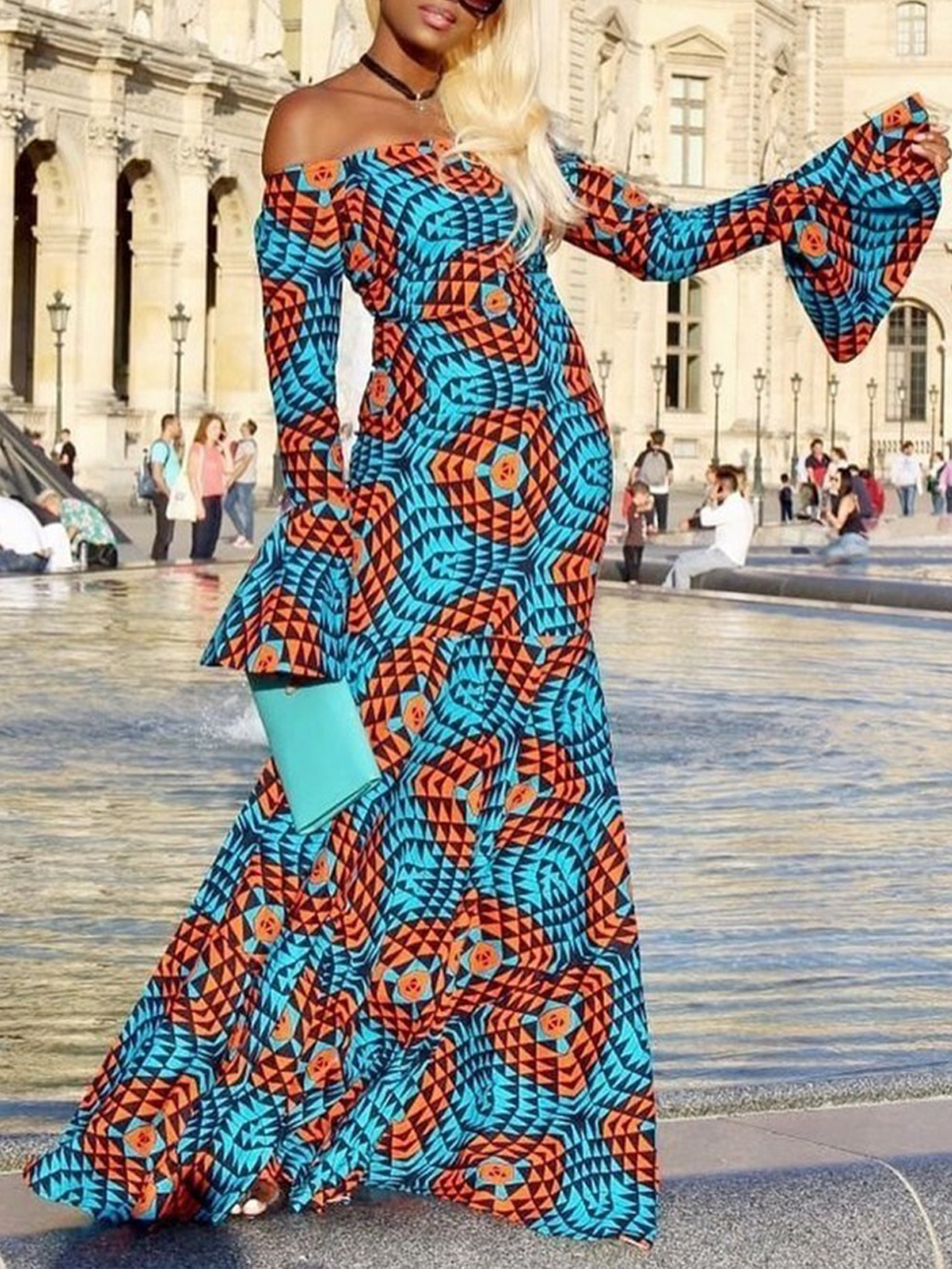 chinese dress ladies African Smocked Maxi Tiered Dress – Long Sleeve, V Neckline, Headwrap &  Pockets main image 0