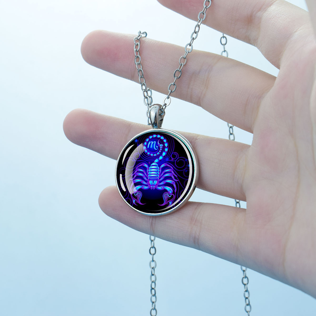 TEMU 1pc Blue And Black Zodiac Time Metal Necklace Single Sided Glass Adhesive Circular Pendant Constellation Necklace Accessories Gift
