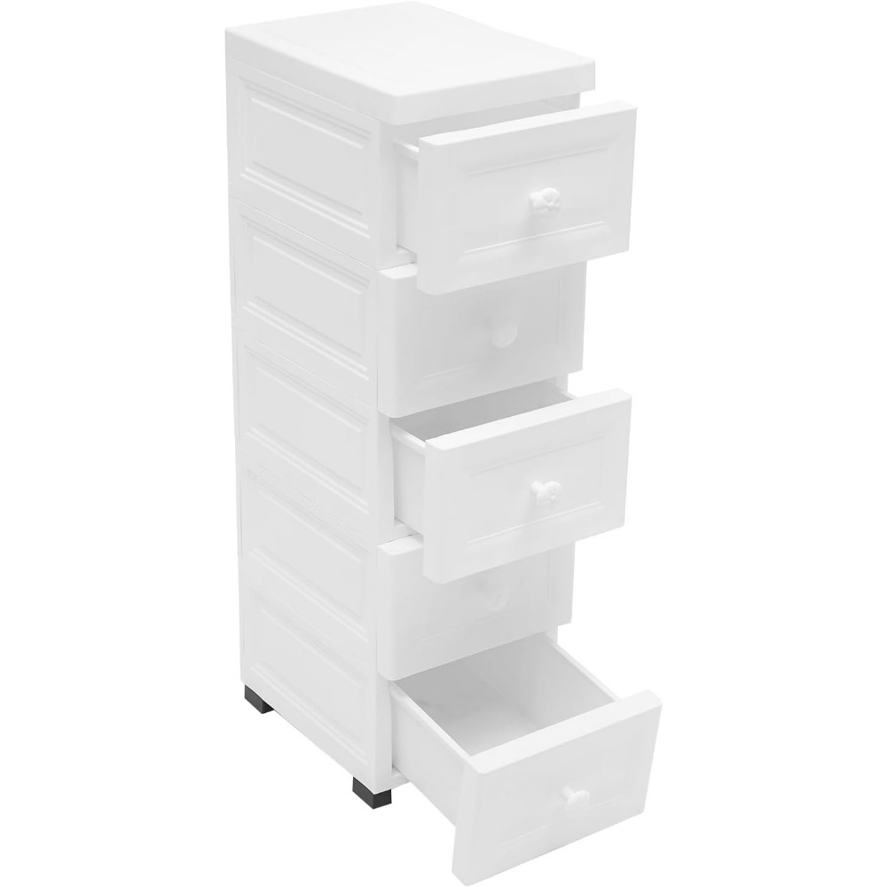 TEMU White Drawer Cabinet With Wheels, Trolley With 5 Drawers, Freestanding Bathroom Trolley, Pp Bathroom Cabinet(25 X 32 X 82cm)