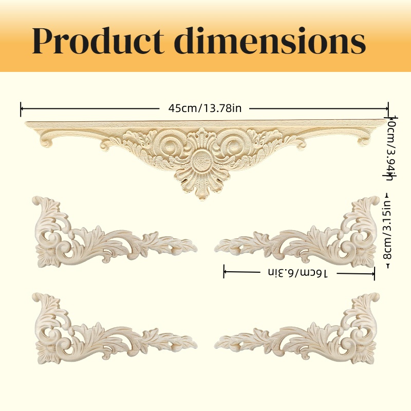 5pcs Set Rubberwood Wood Carved Corner Flower Decorations - Solid Wood Suitable For Cabinet Doors, Ceiling Panels,…: retailer-supplied image