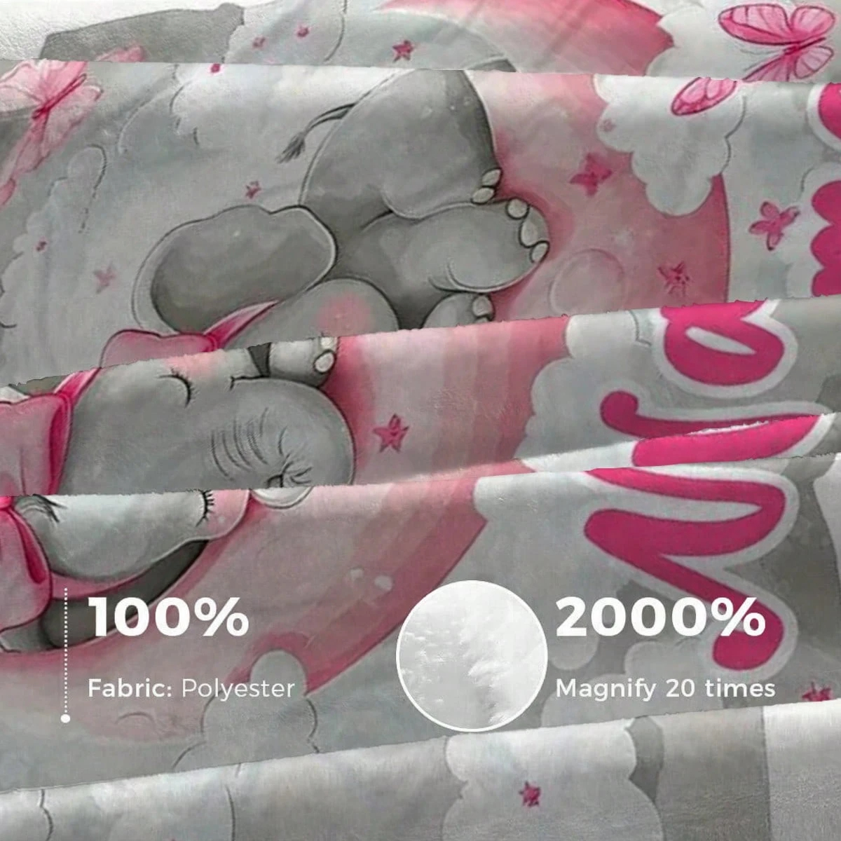 Custom Name Blanket with Light Gray and Pink Elephant Pattern