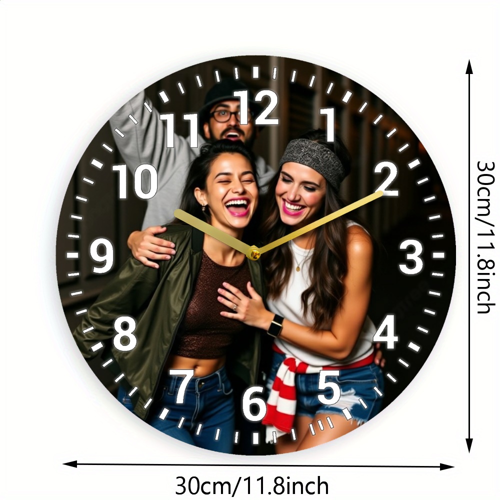 TEMU Custom 1pc 2d Print Personalized Black And White Custom Wall Clock, Silent Non-ticking, Round Wooden Frame, Battery Operated - Ideal For Home,