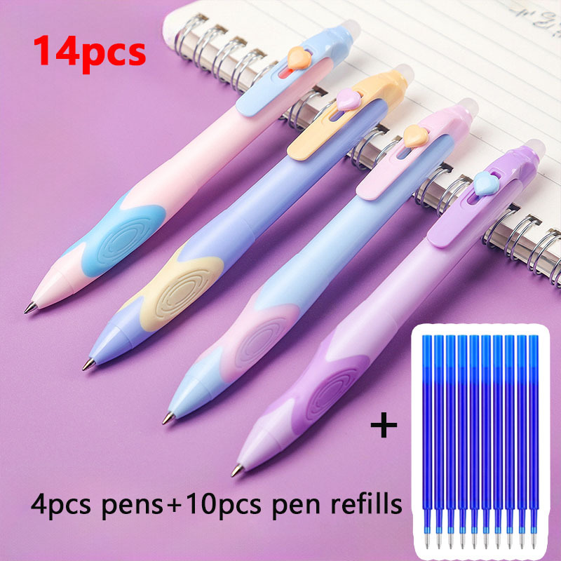 TEMU 14pcs Erasable Gel Pens Set, 4 Retractable Erasable Pens 10 Refills 0.5mm Fine Point Grip Blue And Black Ink Kawaii Erasable Pens For Students