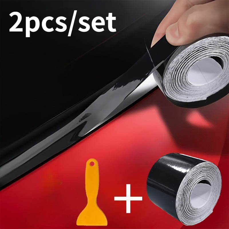 TEMU 2pcs/set Carbon Fiber Car Sticker, Available In Glossy And Matte Black, Designed For Use As Car Door Sill And Side Mirror Protective Strips.