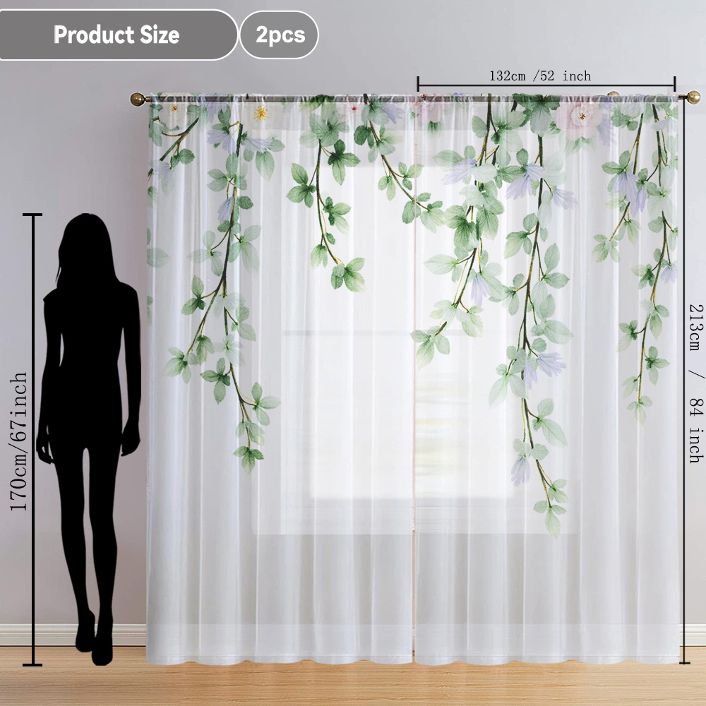 TEMU 2pcs Leaf Vine Hanging Floral Decor Sheer Curtains, Modern Flowy Window Voile, Suitable For Kitchen, Cafe, Dining Room, Balcony, Garden, Bedroom
