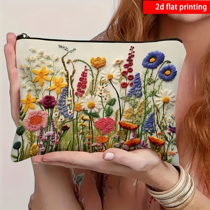 TEMU Vintage Floral Makeup Bag - Colorful Design, Double-sided Printing, Portable For Travel, Camping, Fitness, And Toiletry Use - Ideal Gift For