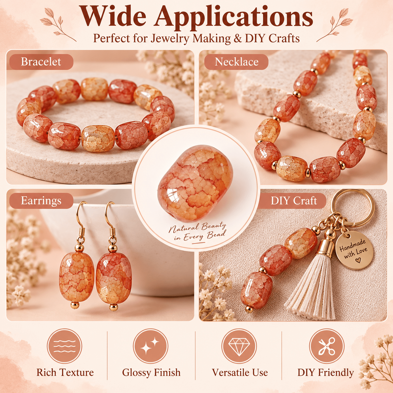 19pcs Ice Cracked Brown Red Agate Barrel Beads for DIY
