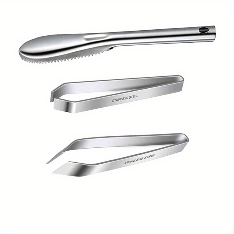 Image of 3pcs Fish Scale Remover, Stainless Scale Brush, Multifunctional Fish Scale Removal Tool And Fish Bone Tweezers, Hair Removal Clip, Kitchen Tool, Can Quickly Remove Fish Scales Of Sizes