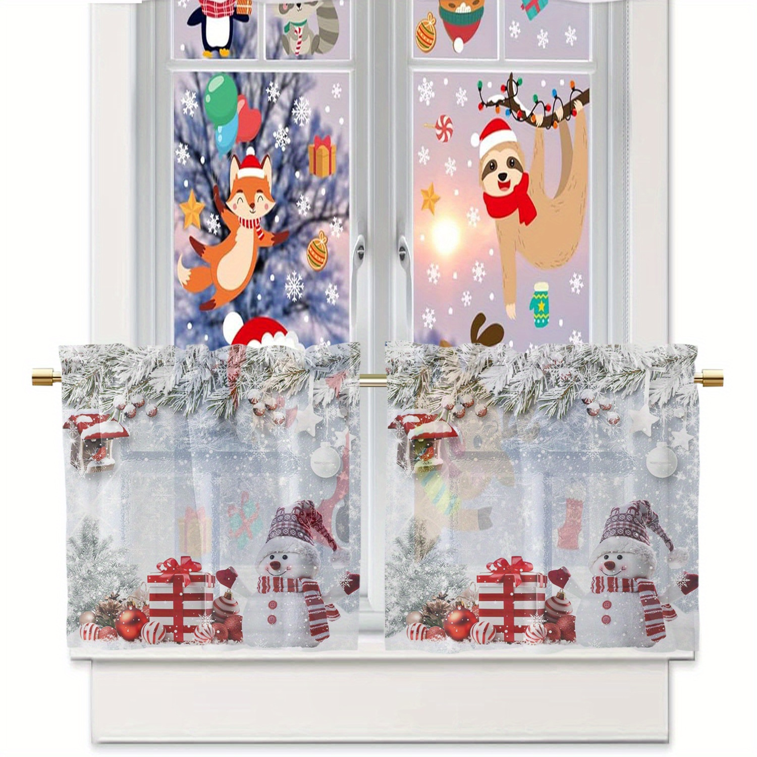 TEMU 2 Stück Weihnachts-Schneemann-Blumen-Winter-Schneefall-Glaskurtainsatz, Stangen-Taschendekor-Kurtains, Halbtransparente Kleinkurtains,
