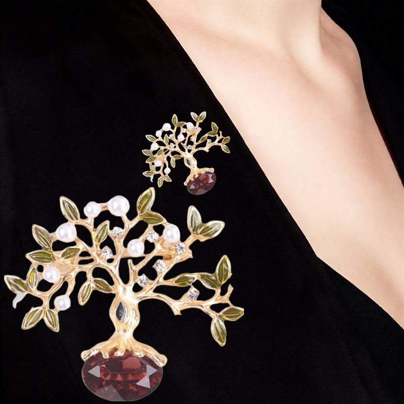 E-shop 1 Stück . . Lebensbaum Brosche - Goldfarben mit Emaille-Blättern & Strassbaum - Elegantes Vintage Unisex für Hochzeiten, Partys, ein