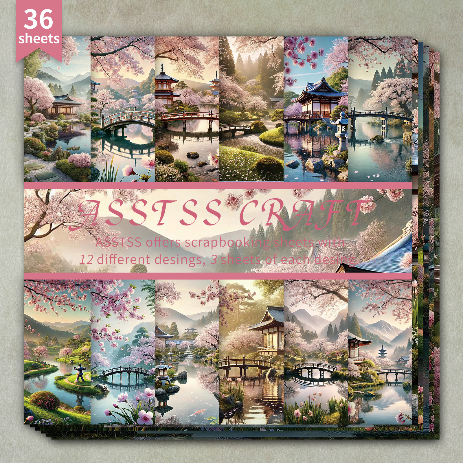 TEMU Bloc de papier de scrapbooking ASSTSS 36 feuilles 6*6 pouces, fournitures de papier de support style de cerisier japonaises, carton épais pour