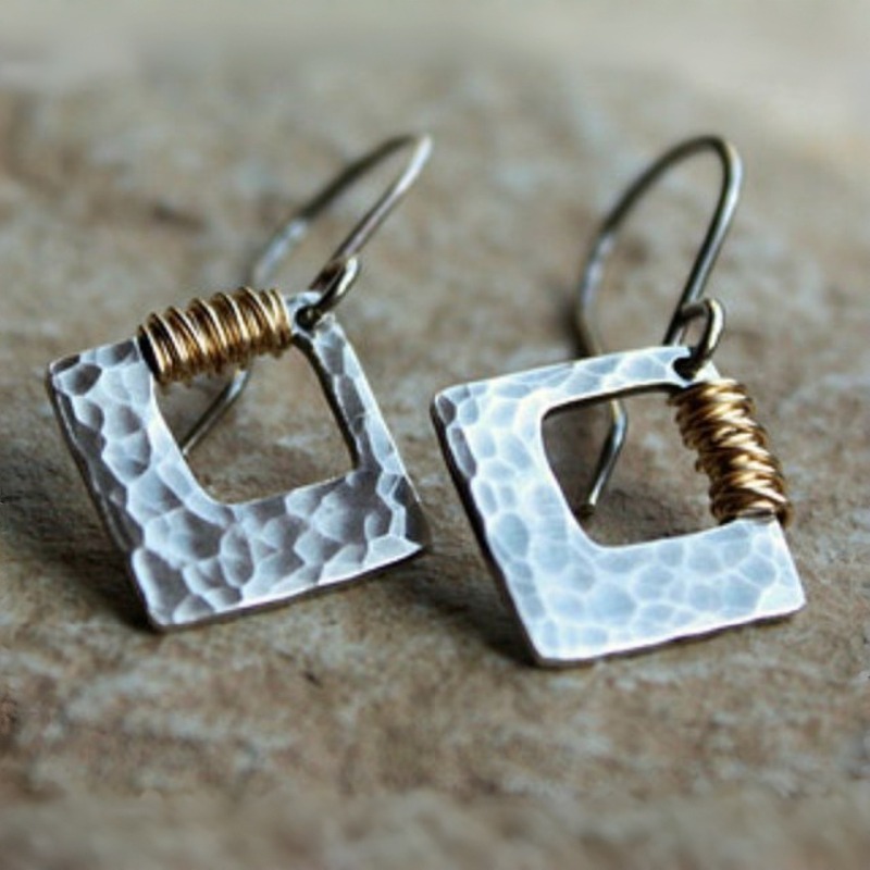 Women's Hammered Textured Square Drop Earrings
