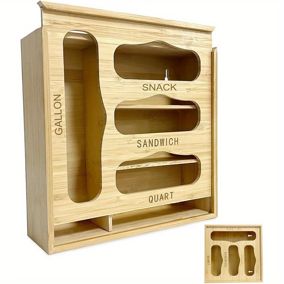 TEMU Bamboo Zip Lock Bag Storage Organizer For Kitchen Drawer, Wooden Food Storage Bag Holders, Plastic Organizer Dispenser, Compatible With Gallon, Quart, Sandwich& Snack Bags Size Bag