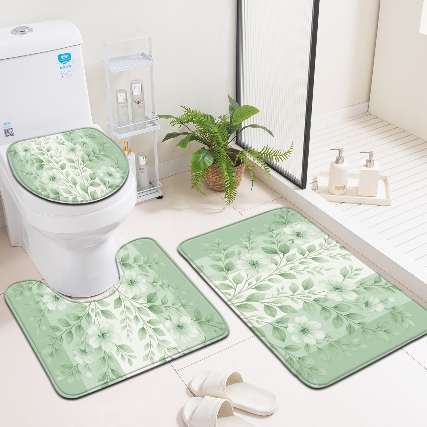 TEMU 1/3pcs Bathroom 3pcs Set Floor Mat, Home Decor Entry Door Mat, Toilet Lid Mat Toilet Accessory Set, Leaves And Flowers, Household Bathroom